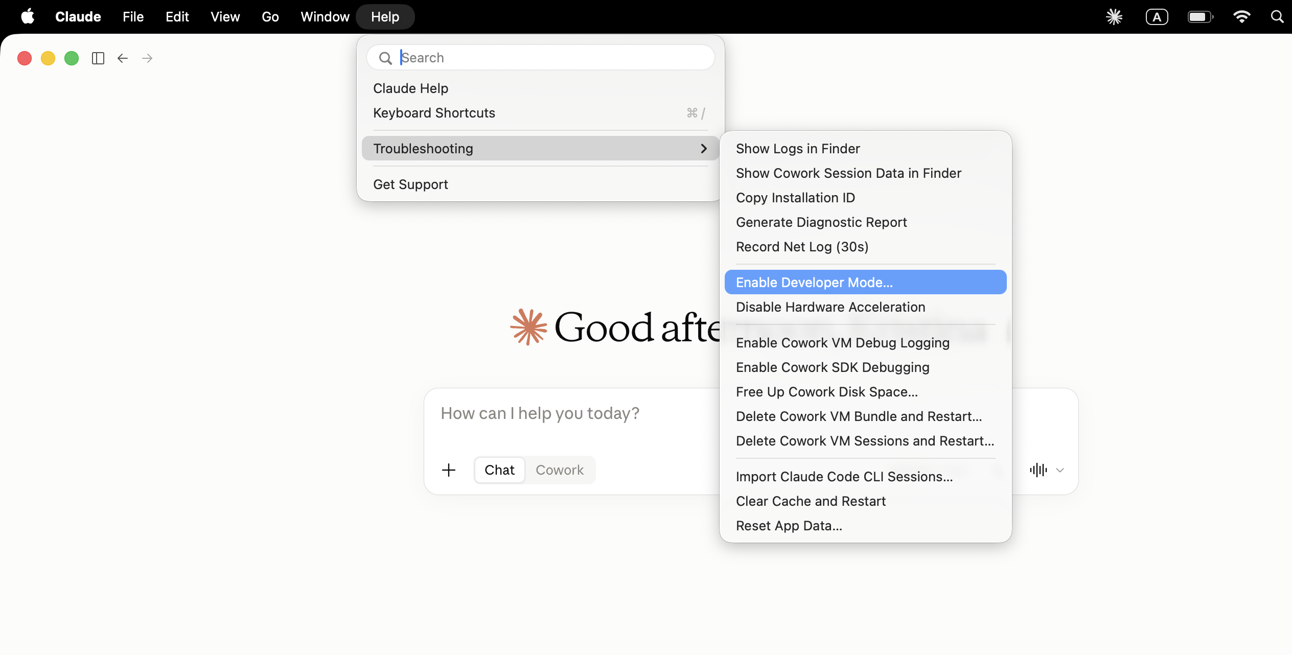 Claude Desktop's Help menu with Troubleshooting open and Enable Developer Mode… highlighted