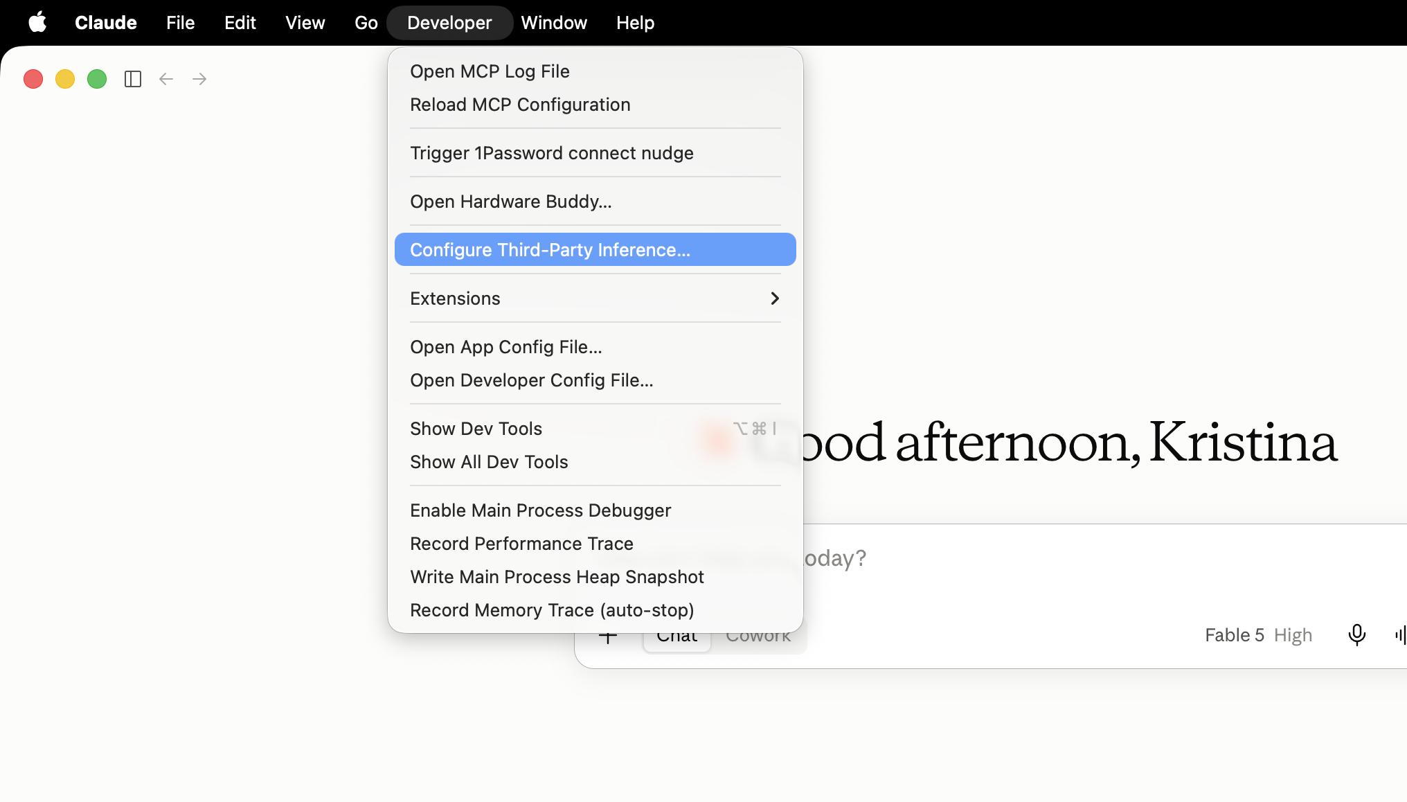 The Developer menu with Configure Third-Party Inference… highlighted