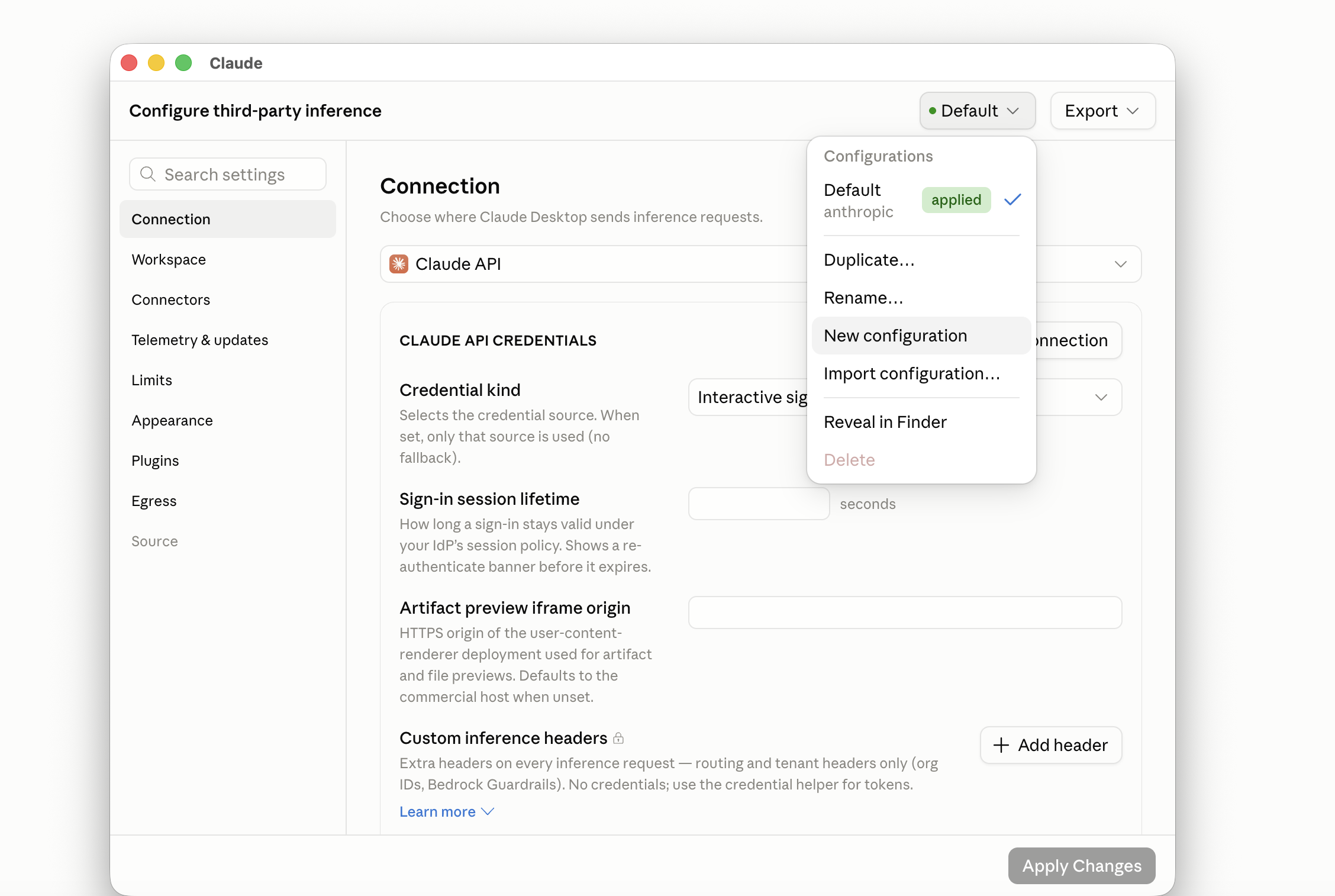 The configuration menu open on Default, with New configuration highlighted