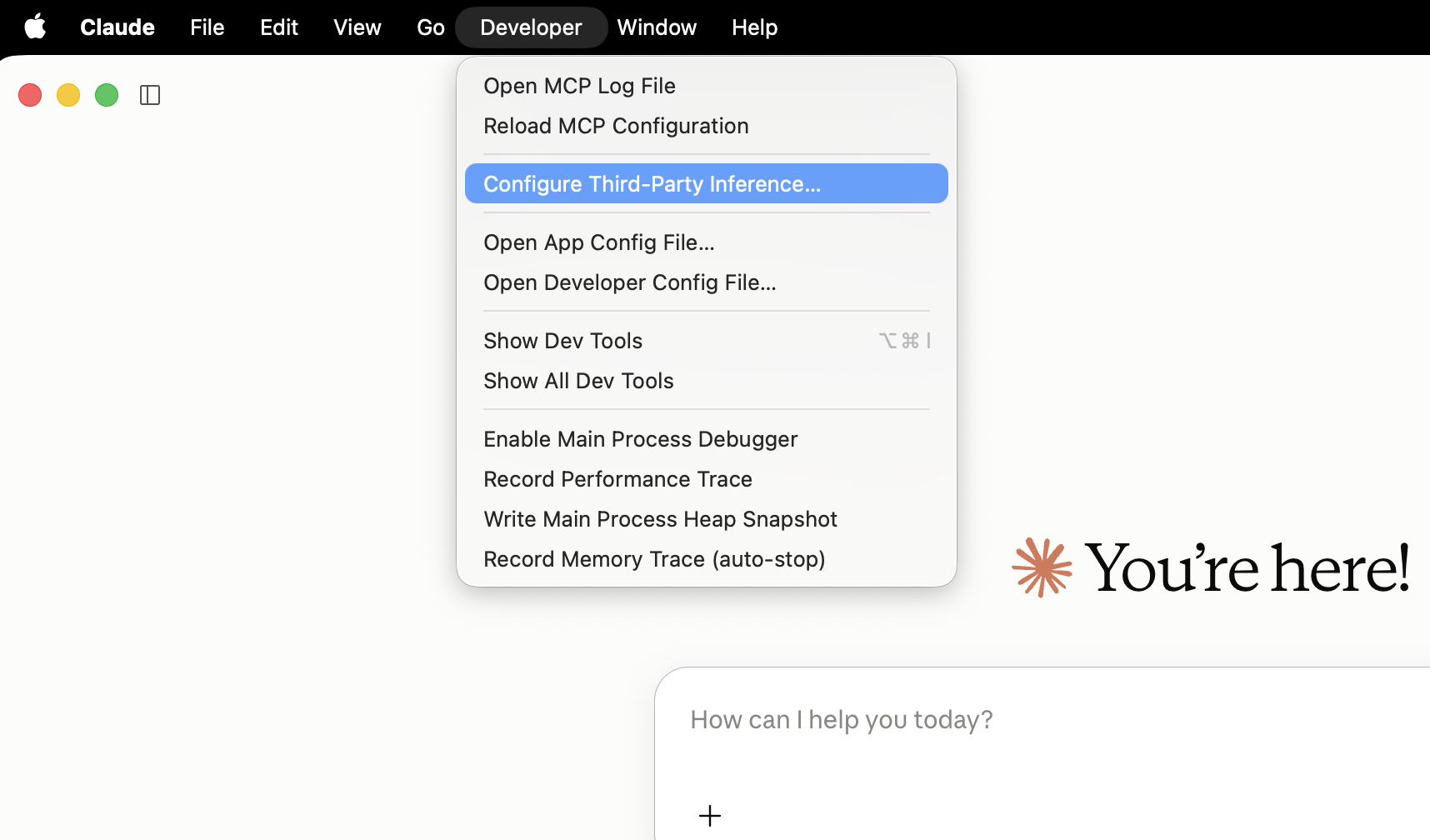 The Developer menu with Configure Third-Party Inference… highlighted, while running on Keln