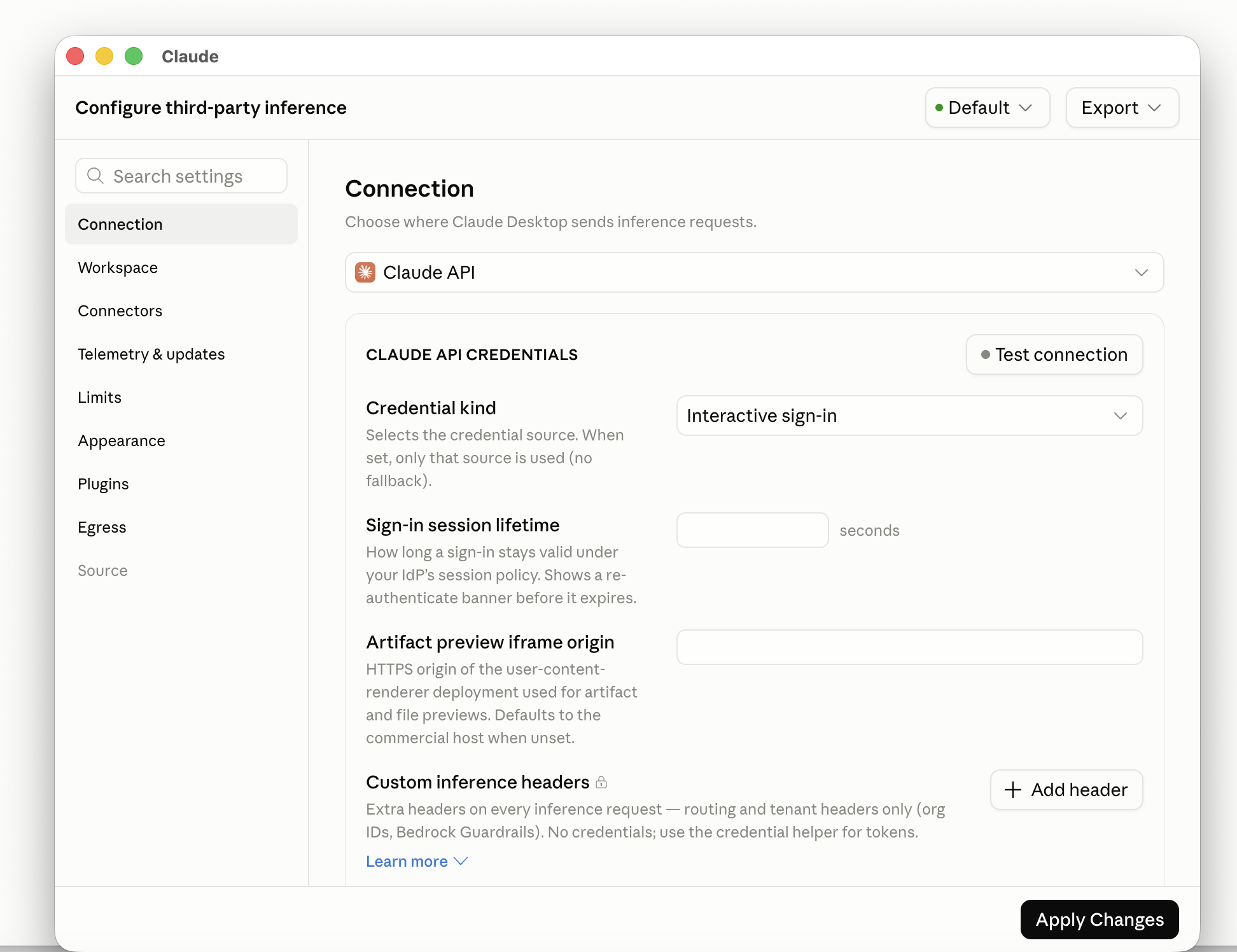 The Default configuration: Claude API with Interactive sign-in, and the Apply Changes button