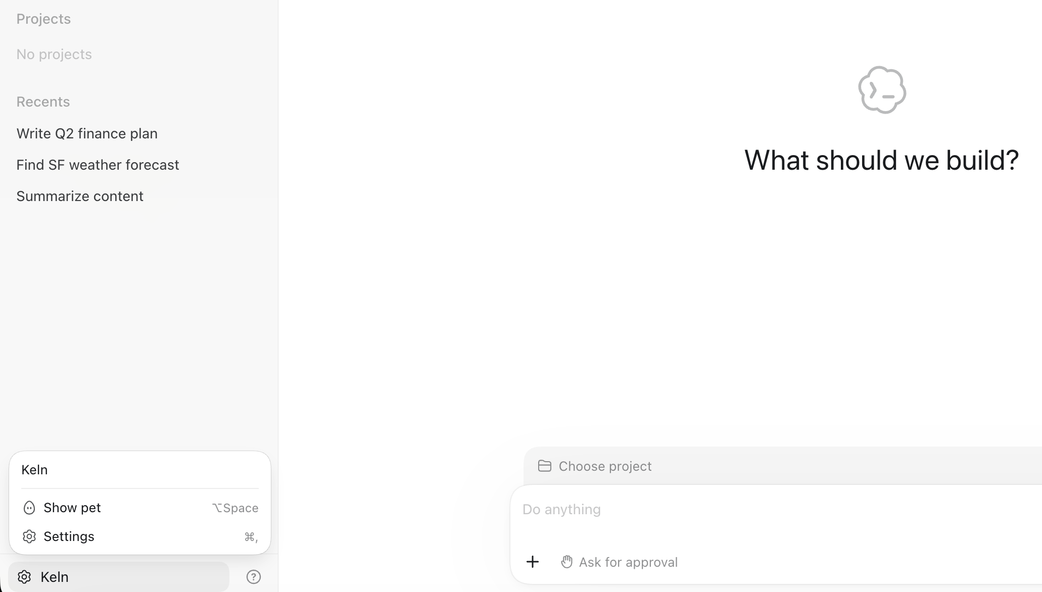 The account menu open, with Keln as its header