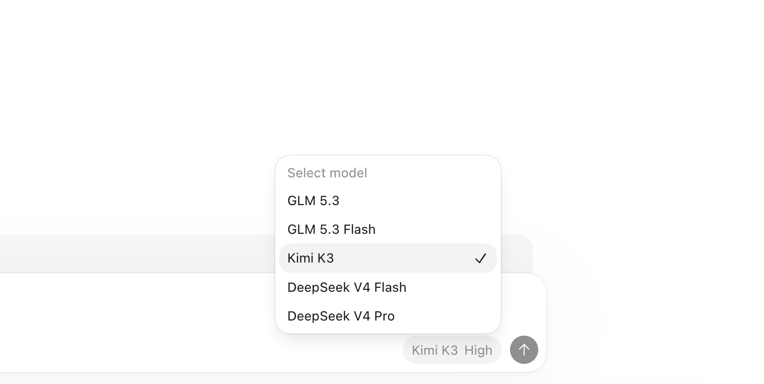 The model picker listing GLM 5.3, GLM 5.3 Flash, Kimi K3, DeepSeek V4 Flash and DeepSeek V4 Pro